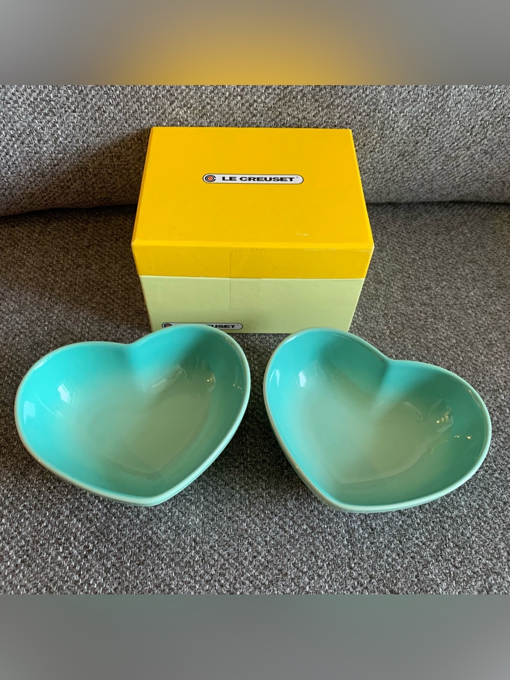 BNIB Le Creuset Small Heart Dishes Set of 2 - Cool Mint